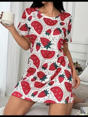 White Strawberry & Watermelon Print Short Sleeve Dress